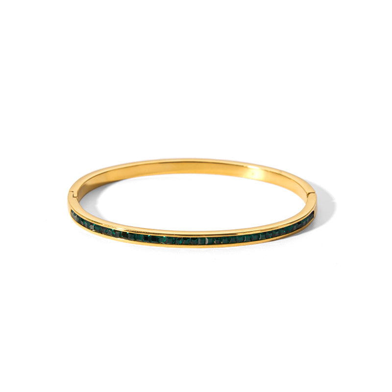 Minimalist Green Zircon Inlaid Stainless Steel Bracelet with 18K Gold Plating Hypoallergenic Fade-Resistant Finish