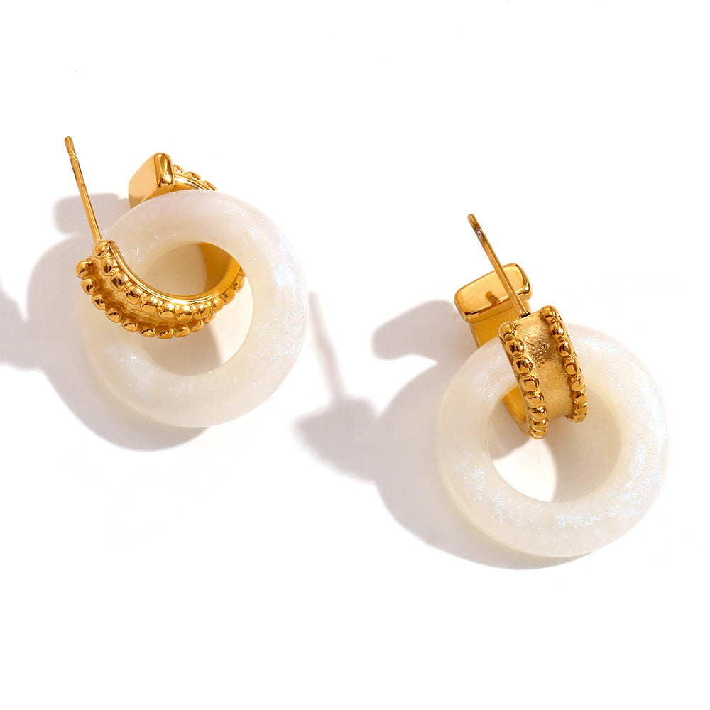 Vintage-Inspired Geometric Stainless Steel Earrings with 18K Gold Plating, Contrast Acrylic Beads and Rolled Edge Detail