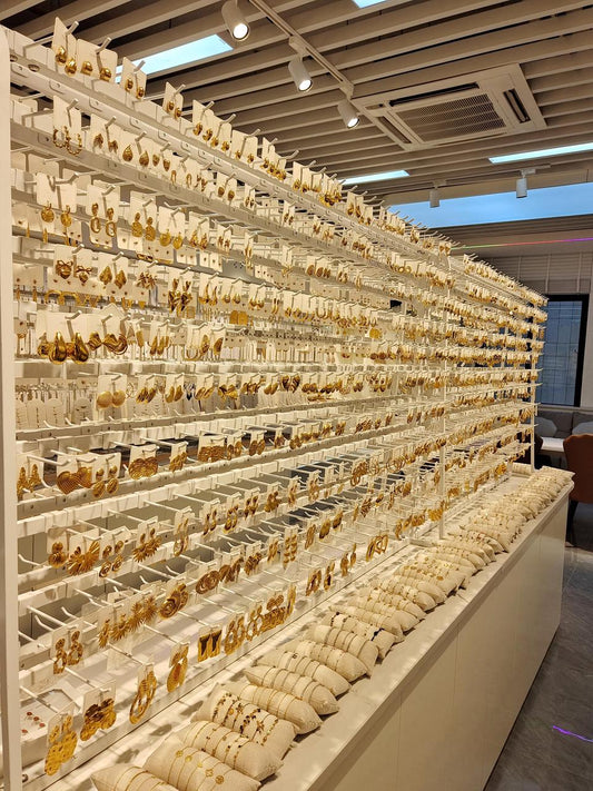 Jewelry assortment displayed in a wholesale showroom