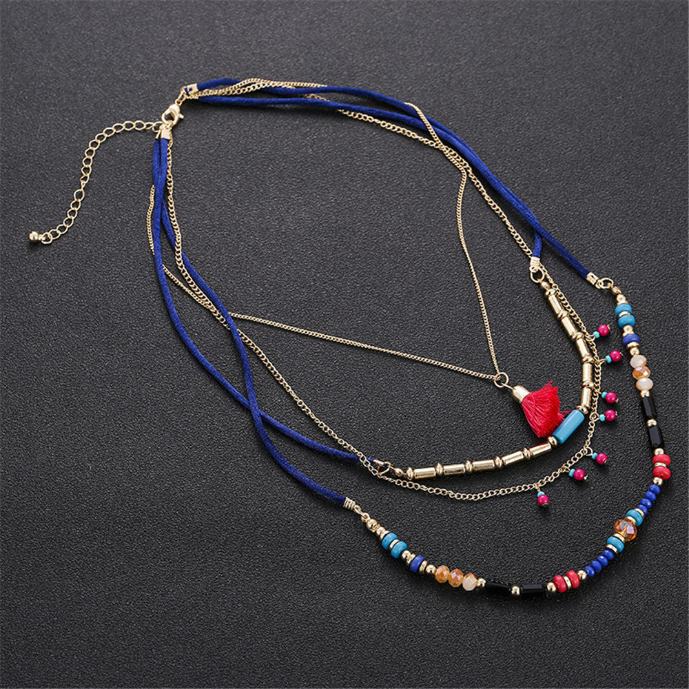 Bohemian Casual Geometric Resin and Alloy Ball Chain Necklace with Tassel Pendant Multi-layer