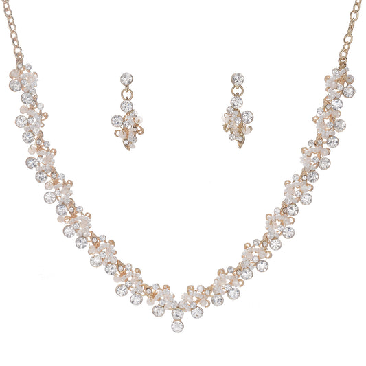 Completo di collana e orecchini in lega con strass intarsiati e motivo floreale, con catena Singapore, da donna
