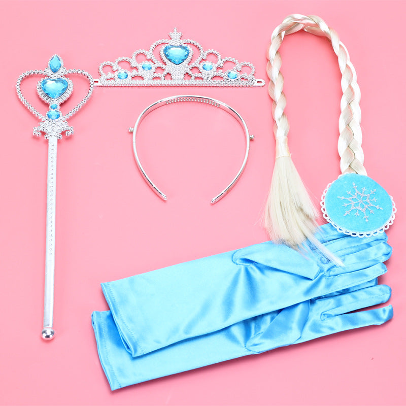 Set di accessori per capelli a forma di corona in stile cartone animato per bambini con corona in metallo placcato, bacchetta magica, parrucca a treccia e guanti con tema di colori Macaron