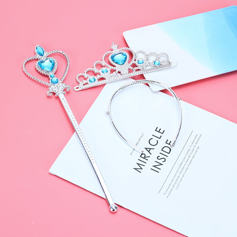 Set di accessori per capelli a forma di corona in stile cartone animato per bambini con corona in metallo placcato, bacchetta magica, parrucca a treccia e guanti con tema di colori Macaron
