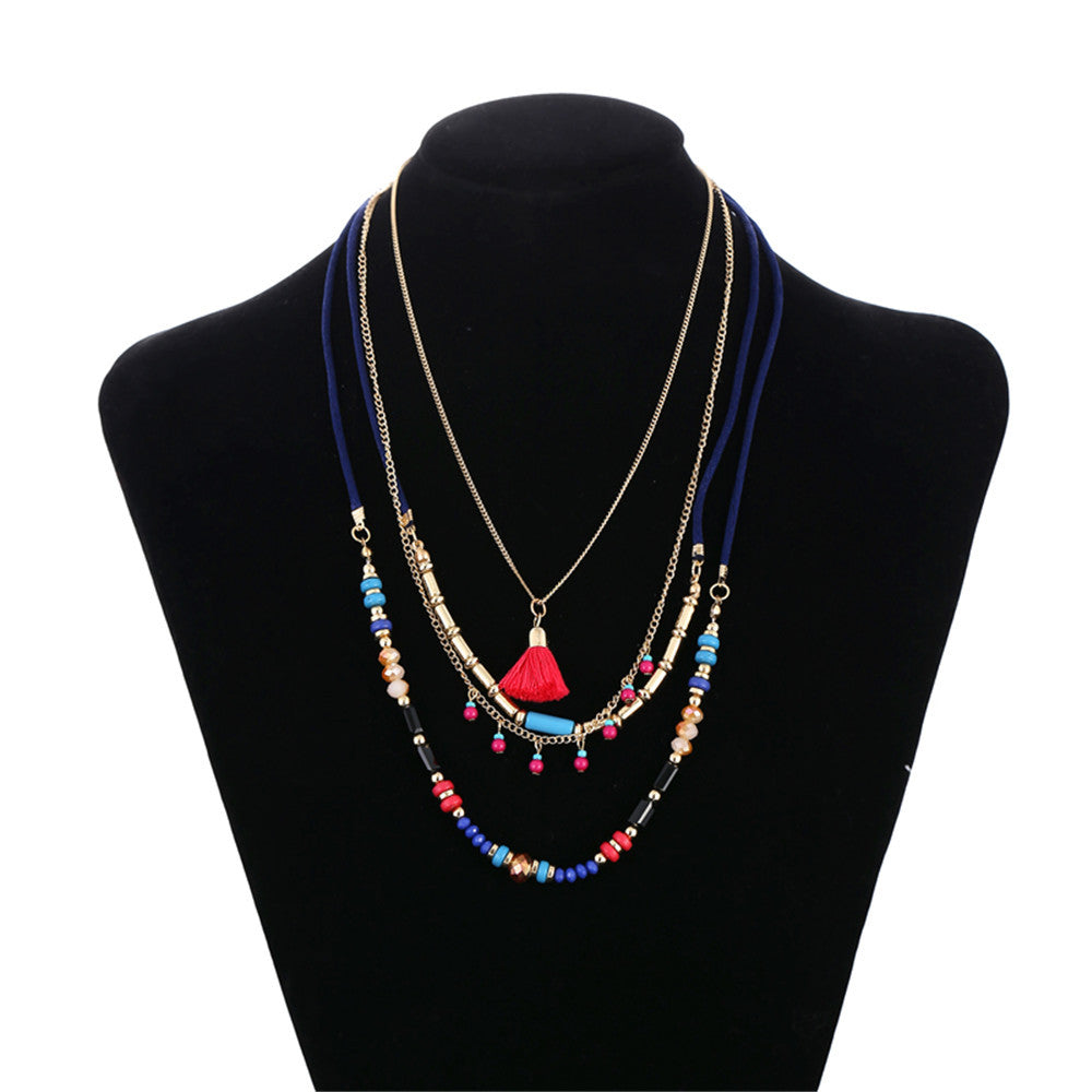 Bohemian Casual Geometric Resin and Alloy Ball Chain Necklace with Tassel Pendant Multi-layer