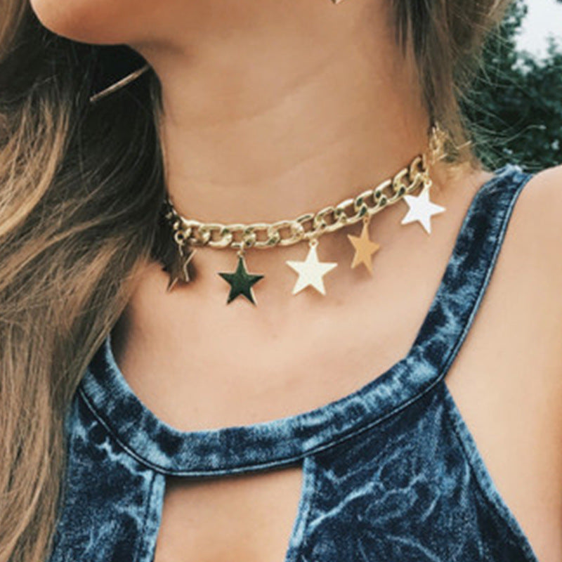 Minimalist Luxury Star Geometric Pendant Necklace Alloy Snake Chain