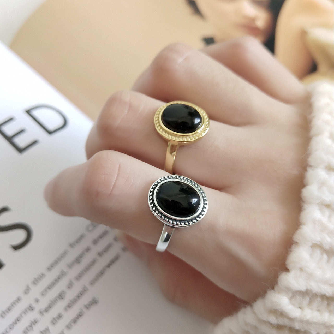 Anello vintage in argento sterling 925 a forma di cuore con intarsio in agata nera, fascia regolabile geometrica da donna