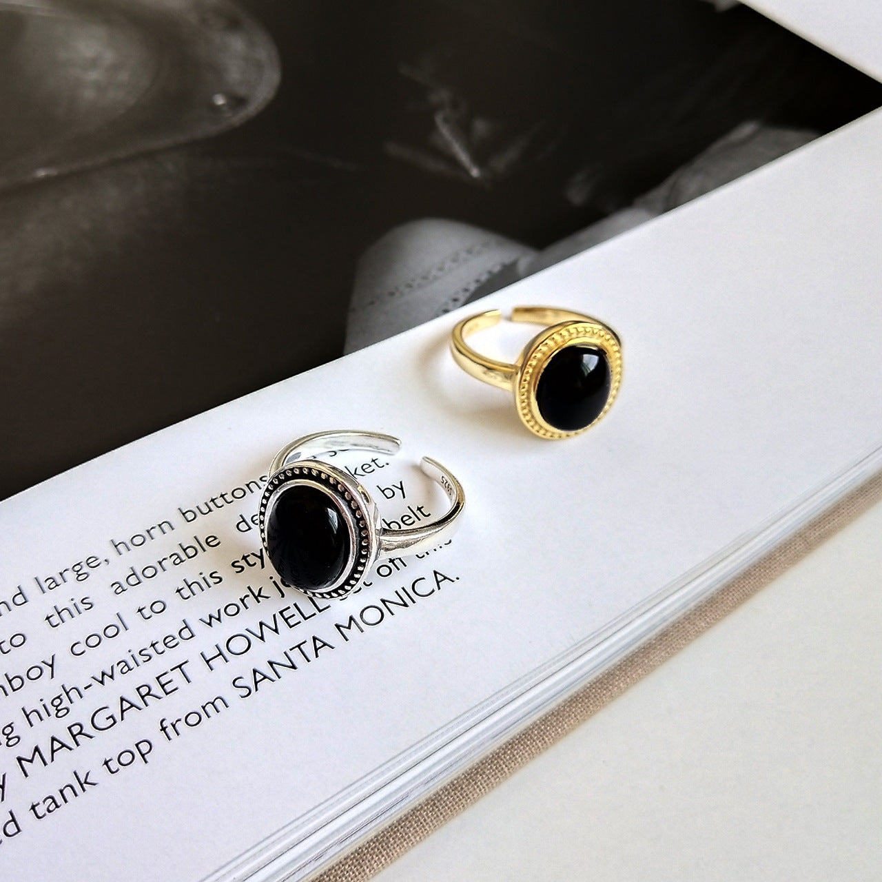 Anello vintage in argento sterling 925 a forma di cuore con intarsio in agata nera, fascia regolabile geometrica da donna
