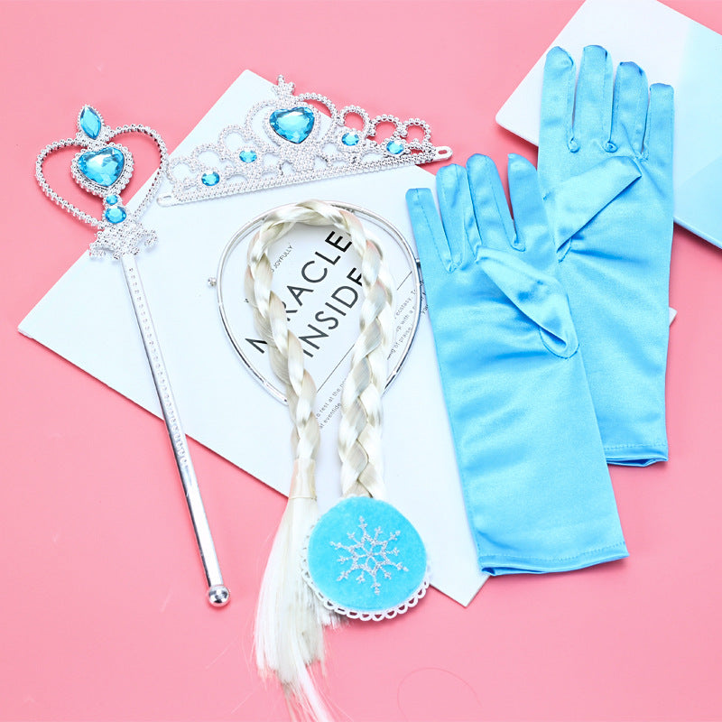 Set di accessori per capelli a forma di corona in stile cartone animato per bambini con corona in metallo placcato, bacchetta magica, parrucca a treccia e guanti con tema di colori Macaron