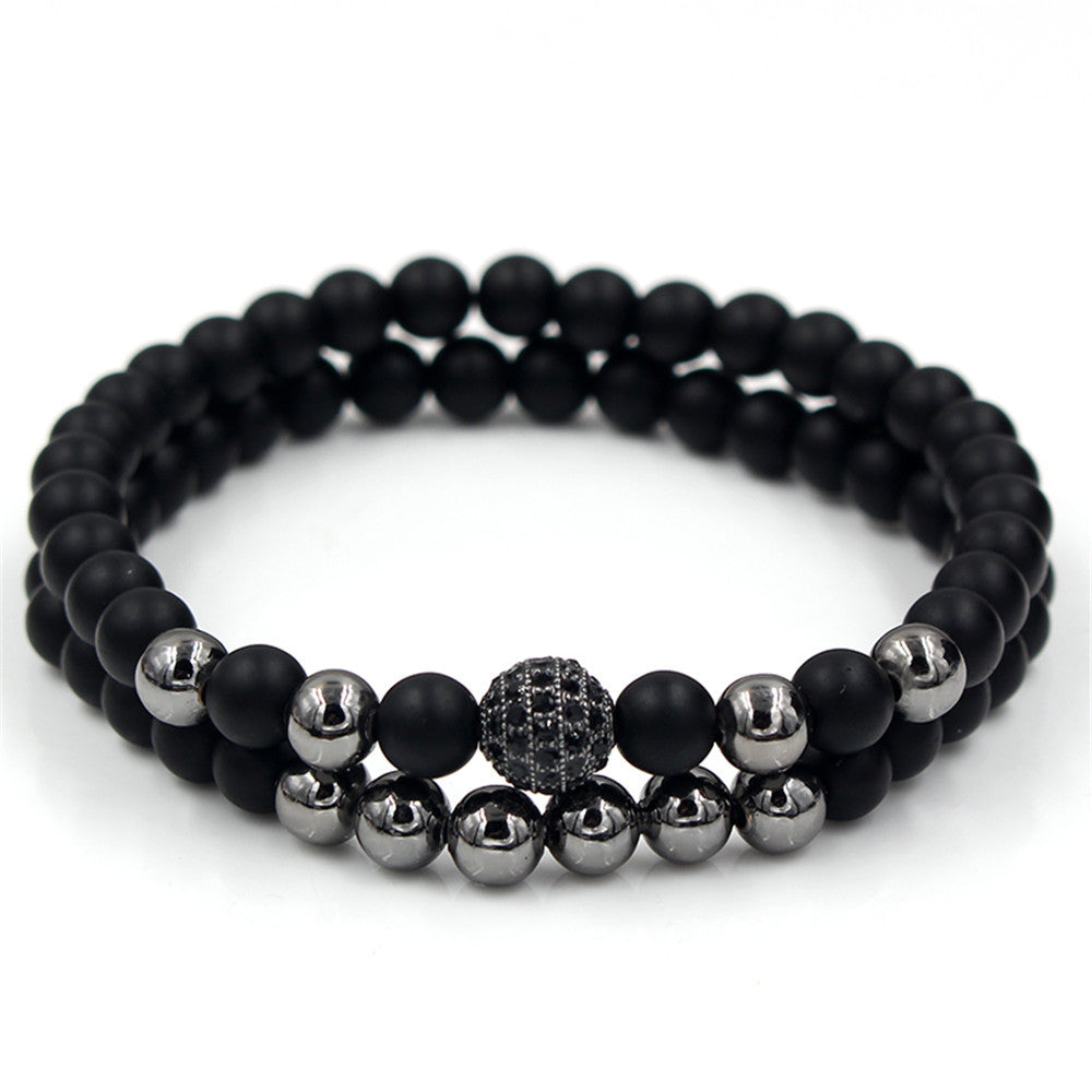 Exaggerated 6mm Matte Black Copper Beaded Bracelet with Pavé Zircon Crown Charm Vintage Hand Chain