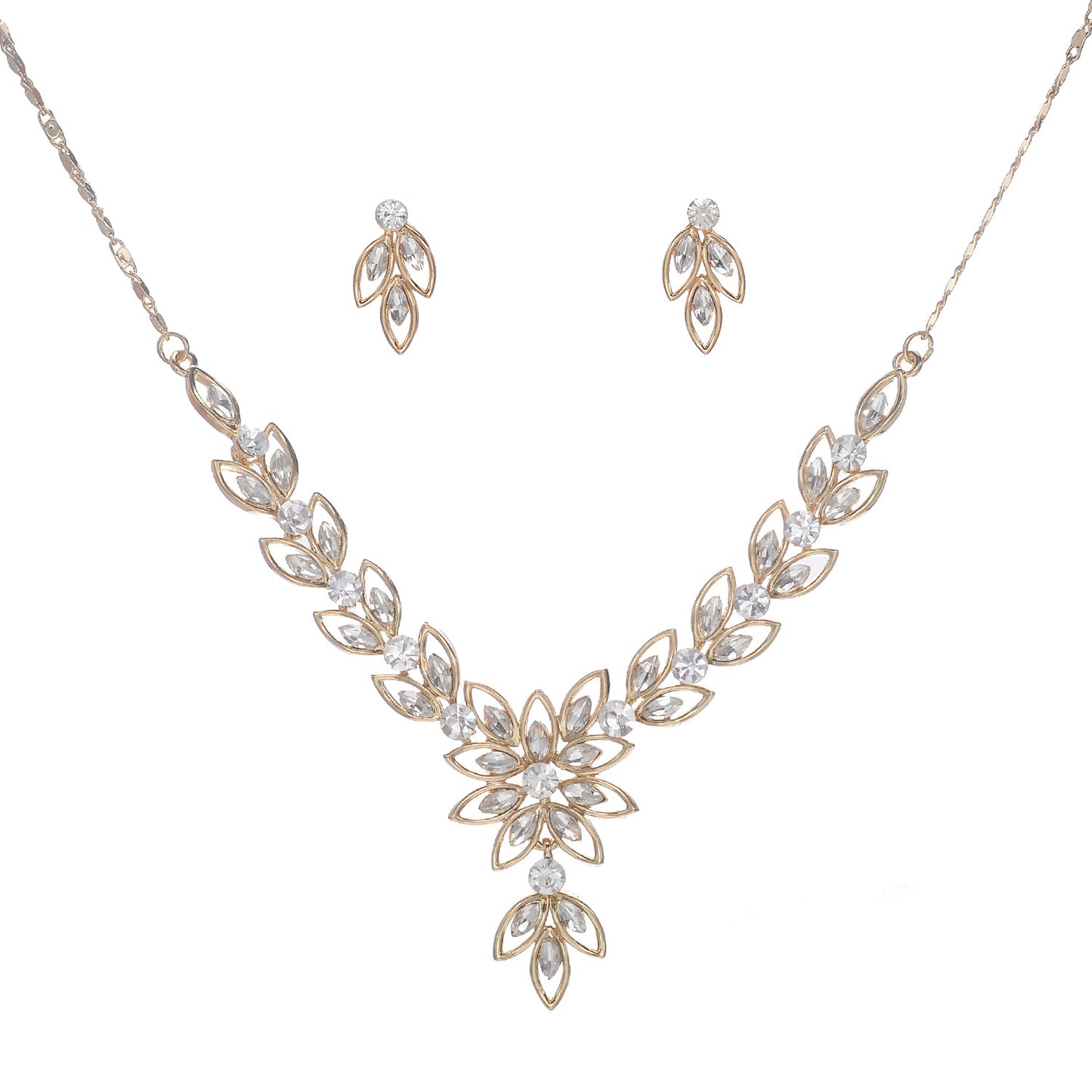 Elegante set collana e orecchini da donna a forma di goccia con strass e lega, con catena Singapore