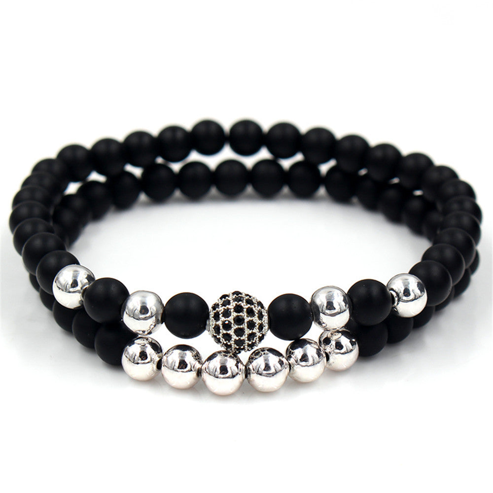 Exaggerated 6mm Matte Black Copper Beaded Bracelet with Pavé Zircon Crown Charm Vintage Hand Chain