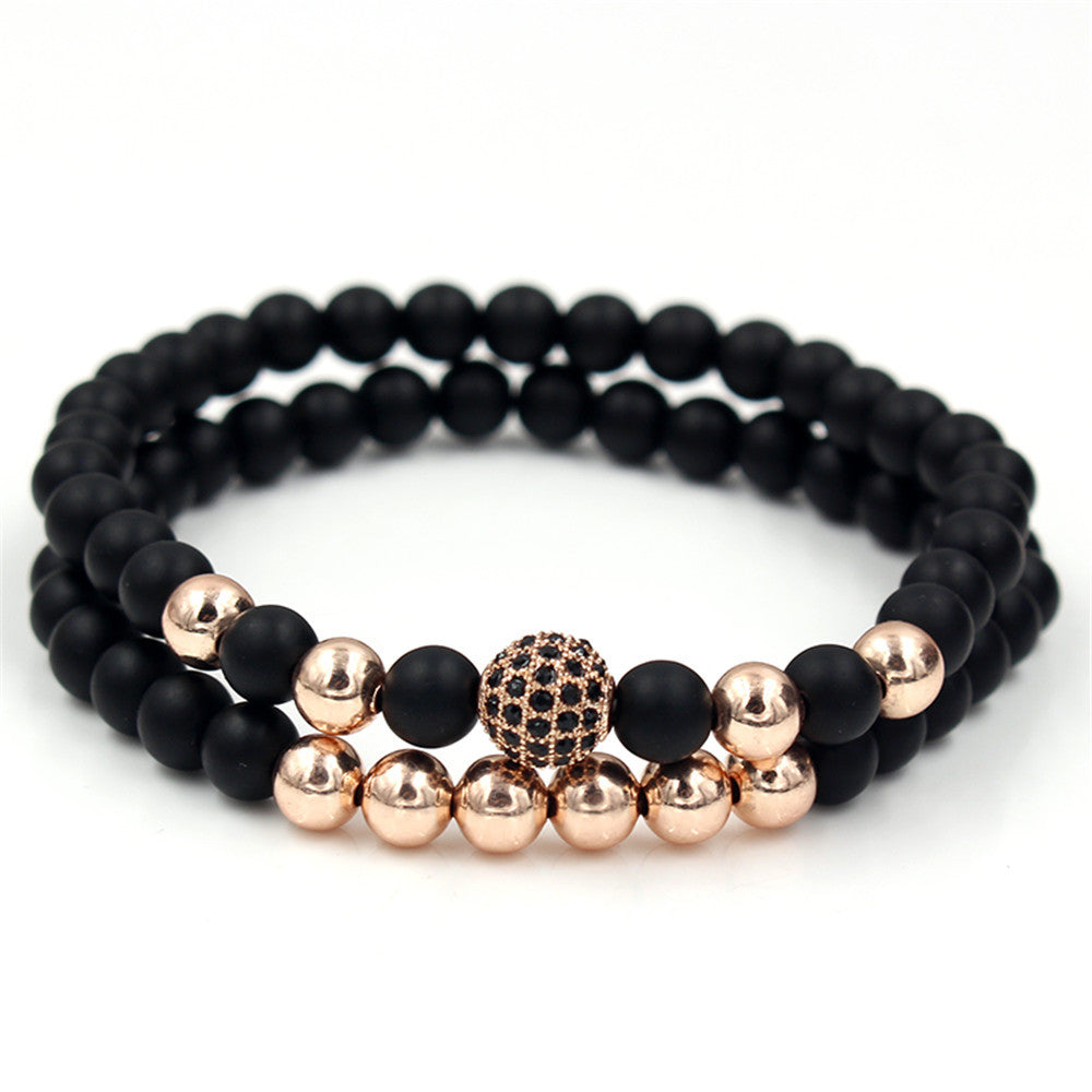Exaggerated 6mm Matte Black Copper Beaded Bracelet with Pavé Zircon Crown Charm Vintage Hand Chain