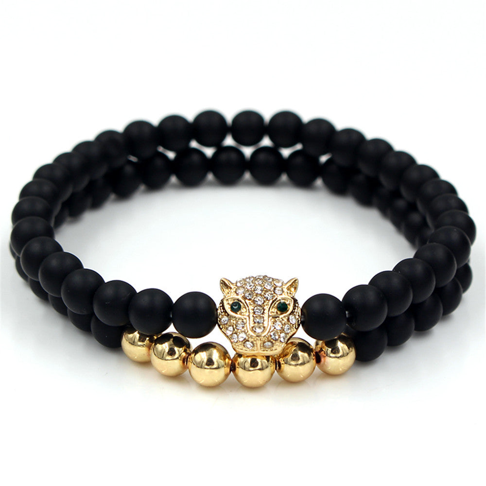 Exaggerated 6mm Matte Black Copper Beaded Bracelet with Pavé Zircon Crown Charm Vintage Hand Chain