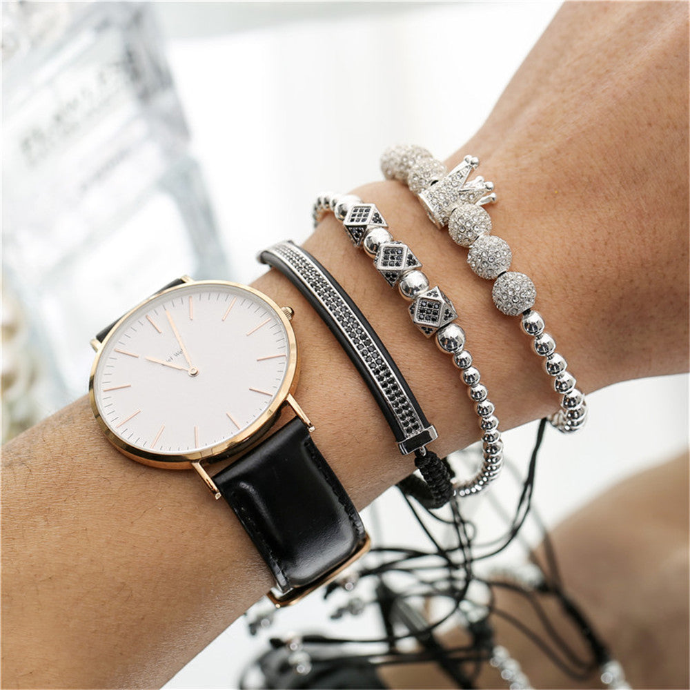 Minimalist Brass Geometric Moon Bracelet Set with 6 Cubic Zirconia Stones