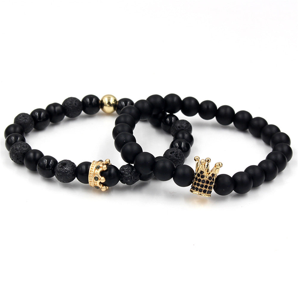 Casual Alloy Plated Crown Bracelet Set with Rhinestone and Black Lava Stone for Unisex