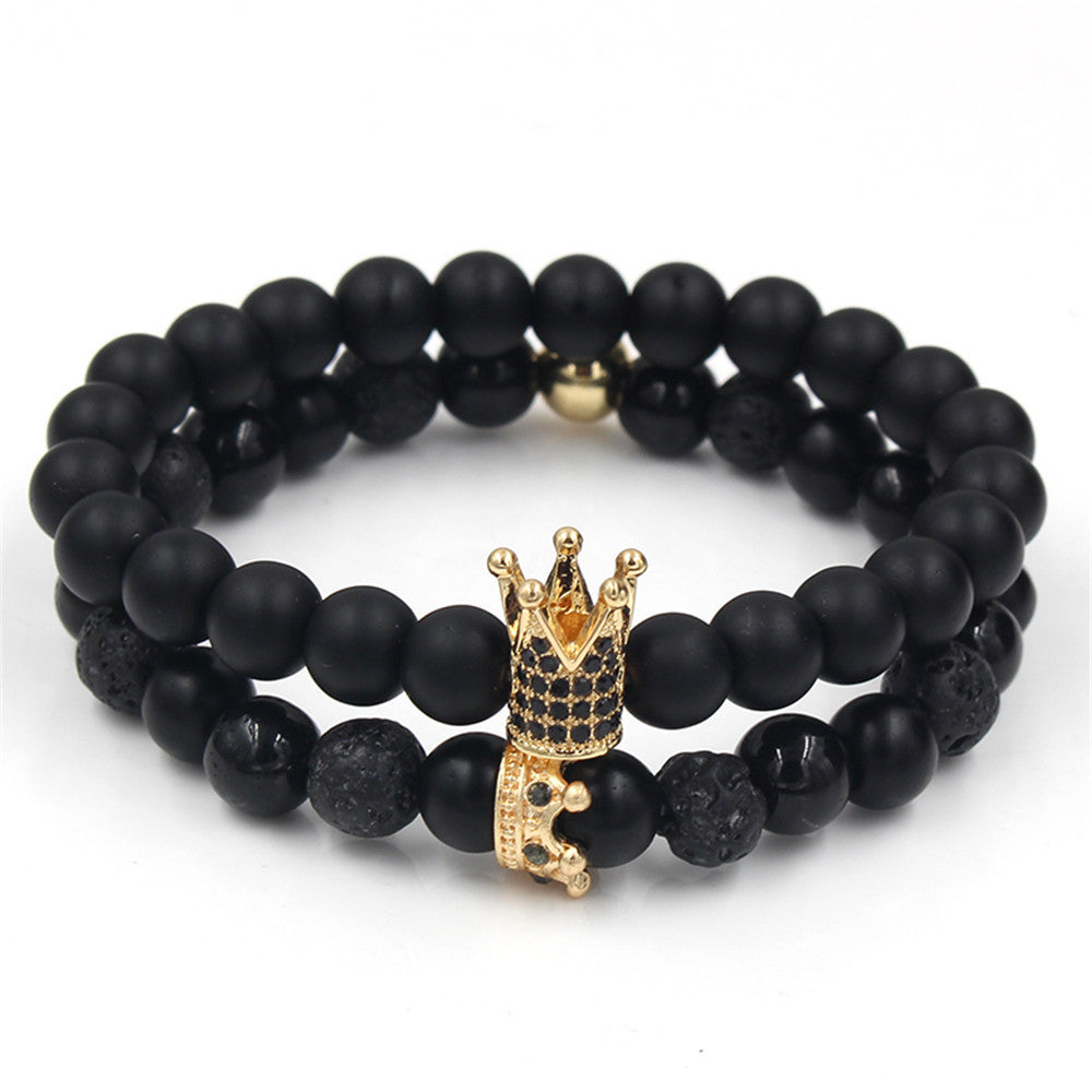 Casual Alloy Plated Crown Bracelet Set with Rhinestone and Black Lava Stone for Unisex