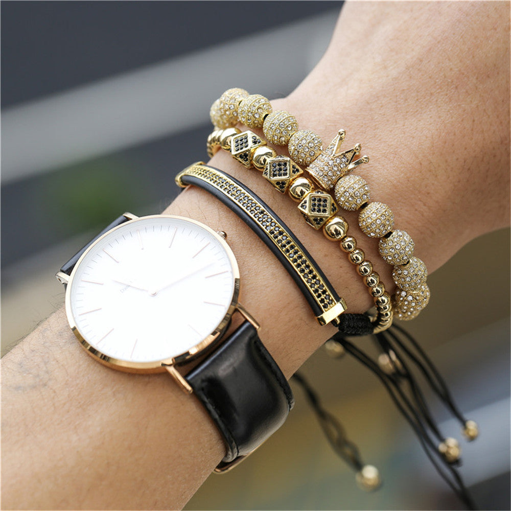 Exaggerated Geometric Brass Bracelet with 12 Micro-Inlaid Cubic Zirconia Beads Handmade Jewelry Set