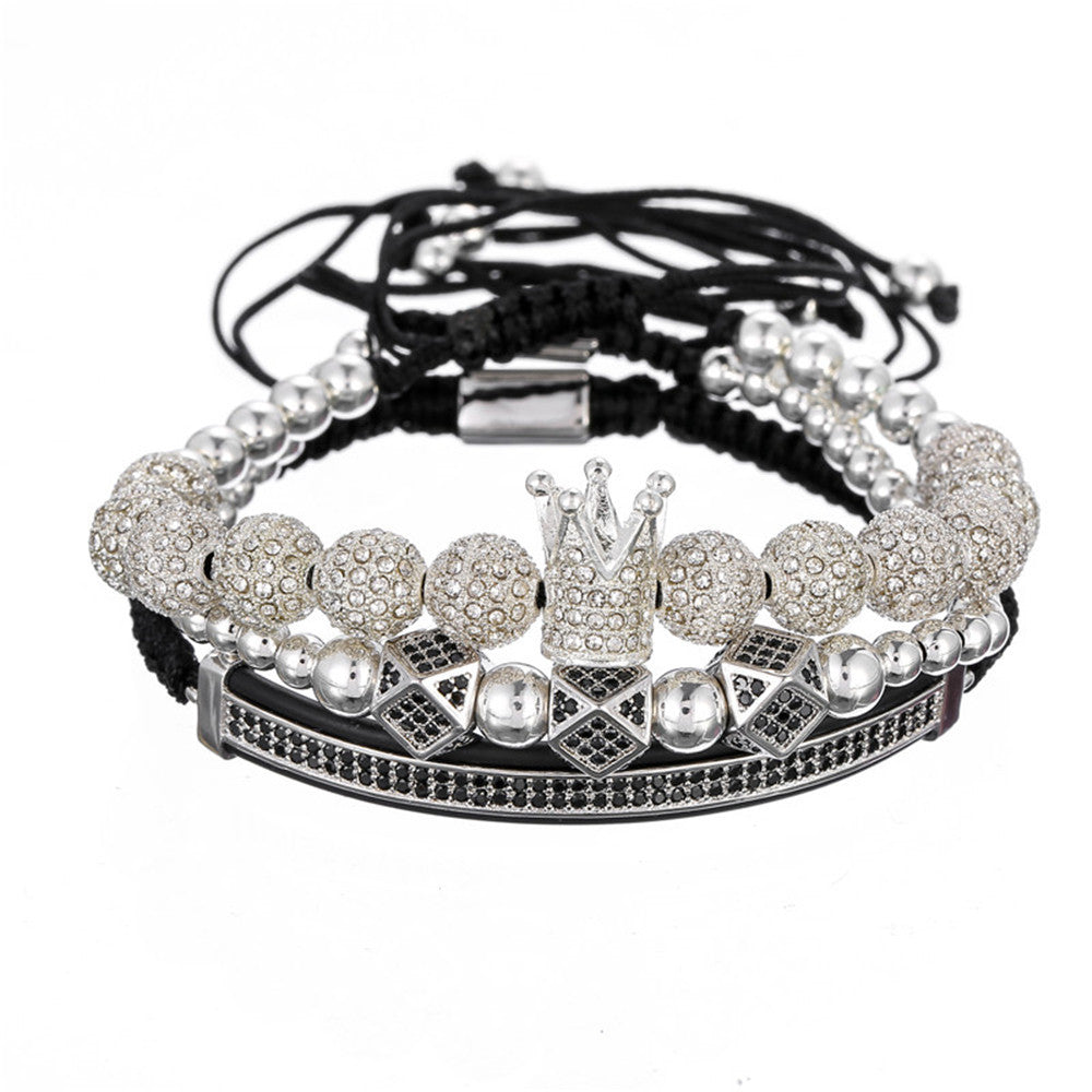 Exaggerated Geometric Brass Bracelet with 12 Micro-Inlaid Cubic Zirconia Beads Handmade Jewelry Set