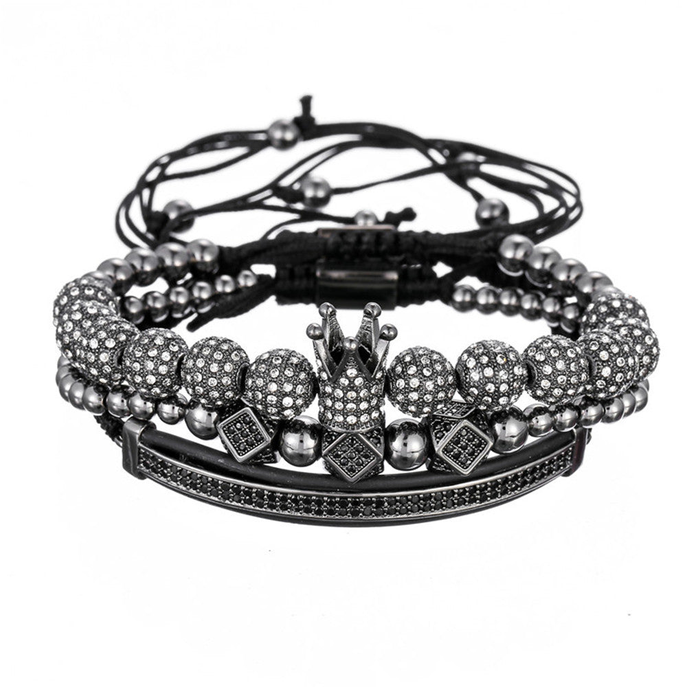 Exaggerated Geometric Brass Bracelet with 12 Micro-Inlaid Cubic Zirconia Beads Handmade Jewelry Set