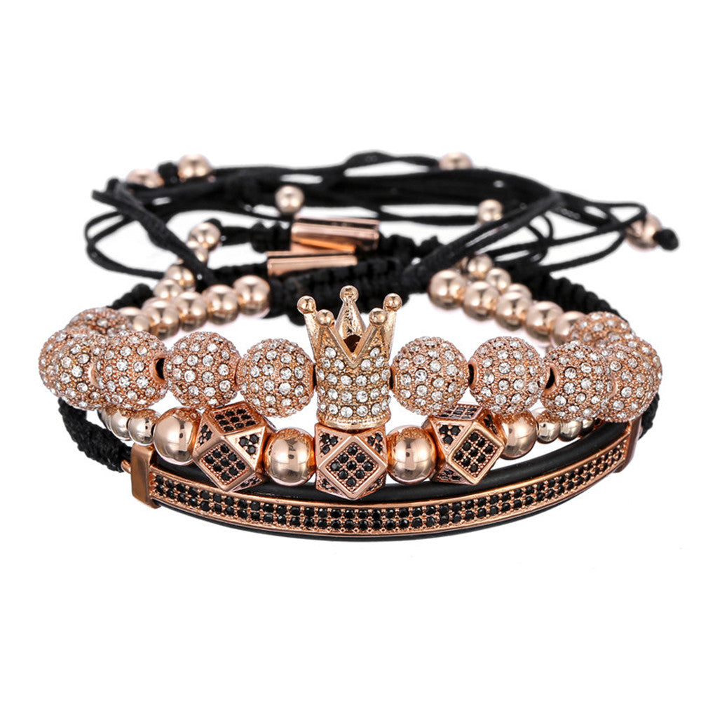 Exaggerated Geometric Brass Bracelet with 12 Micro-Inlaid Cubic Zirconia Beads Handmade Jewelry Set
