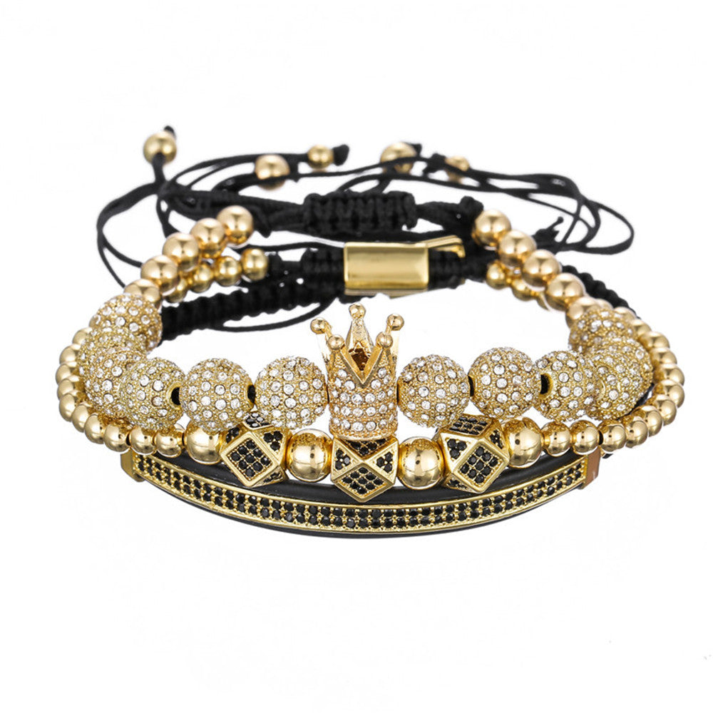 Exaggerated Geometric Brass Bracelet with 12 Micro-Inlaid Cubic Zirconia Beads Handmade Jewelry Set