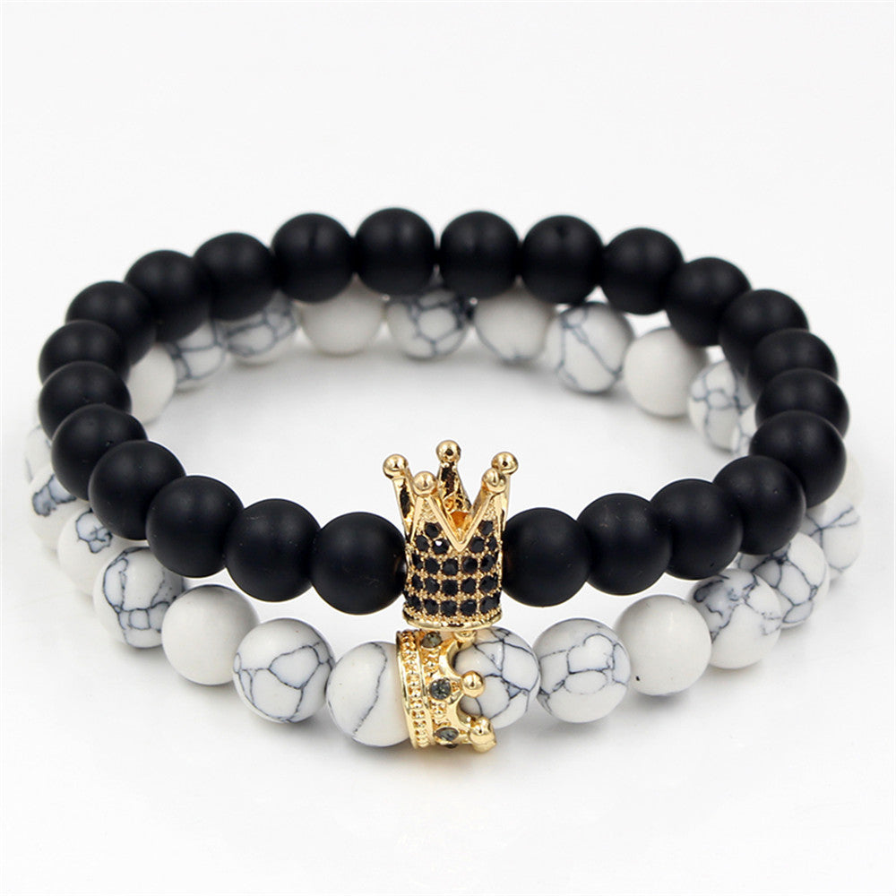Casual Alloy Plated Crown Bracelet Set with Rhinestone and Black Lava Stone for Unisex