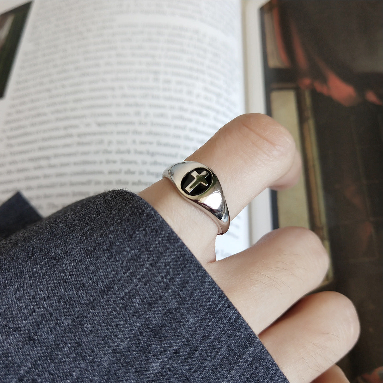 Vintage Minimalist 925 Sterling Silver Polished Drip Oil Cross Open Ring for Women