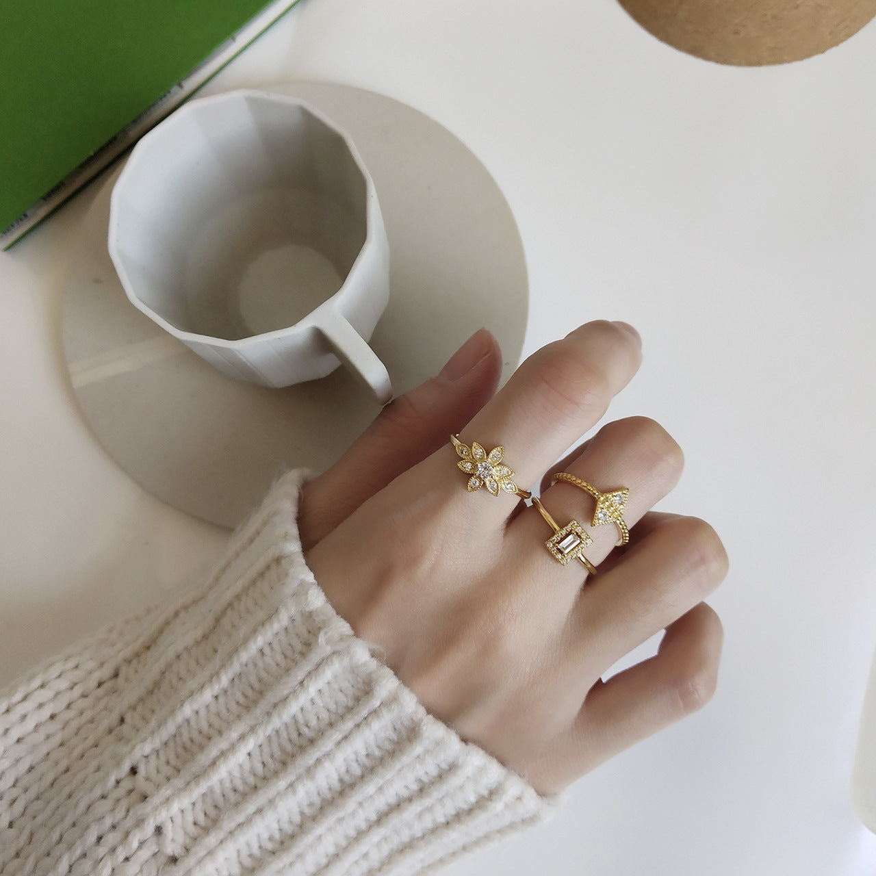 Minimalist Elegant 925 Sterling Silver Geometric Camellia Flower Plated Ring for Women