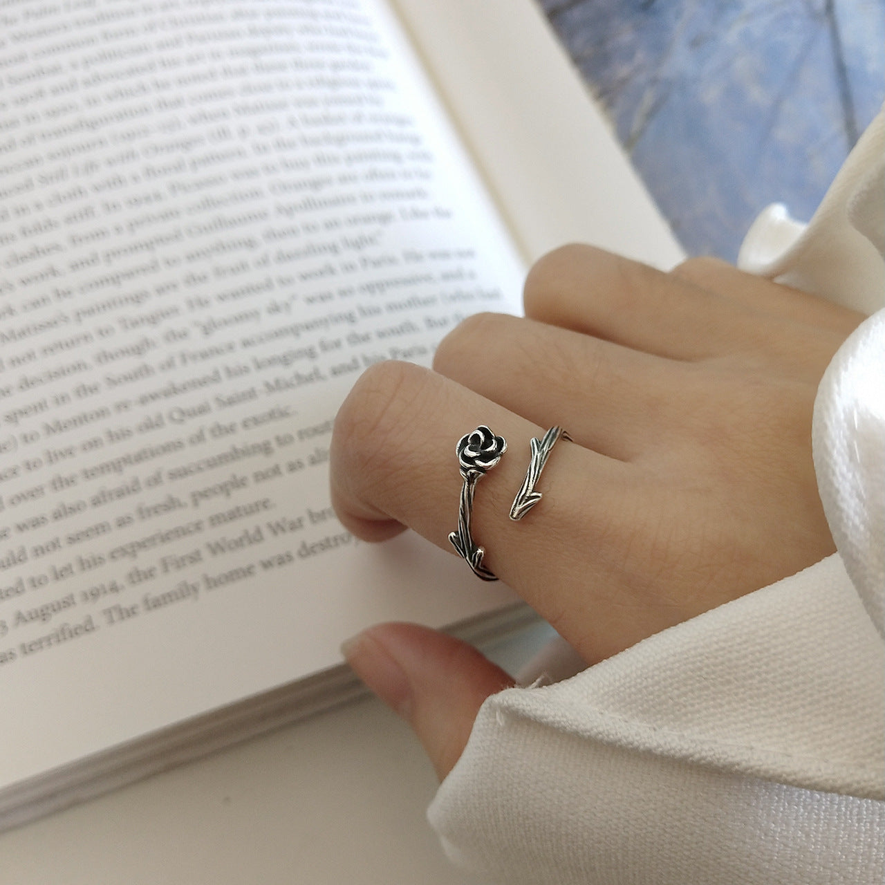 Anello aperto a cuore floreale vintage in argento sterling 925 da donna