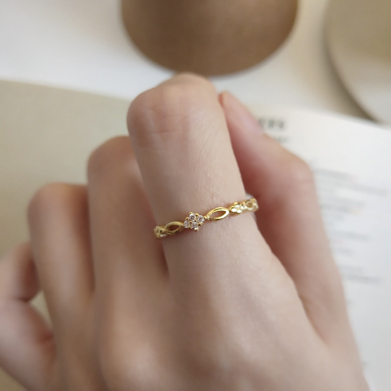 Minimalist 925 Sterling Silver Geometric Ring Gold Plated with Cubic Zirconia