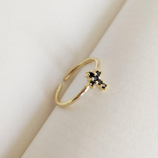 Anello Minimalista con Croce Placcato Argento Sterling 925 con Goccia Nera per Donna