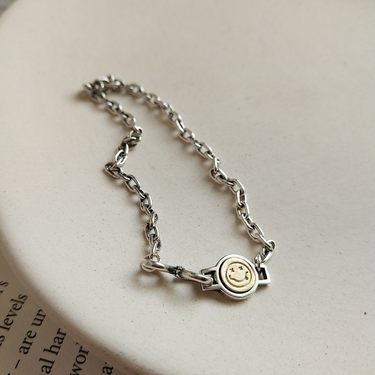 Vintage Sweet 925 Sterling Silver Geometric Smiley Face Beaded Bracelet for Women