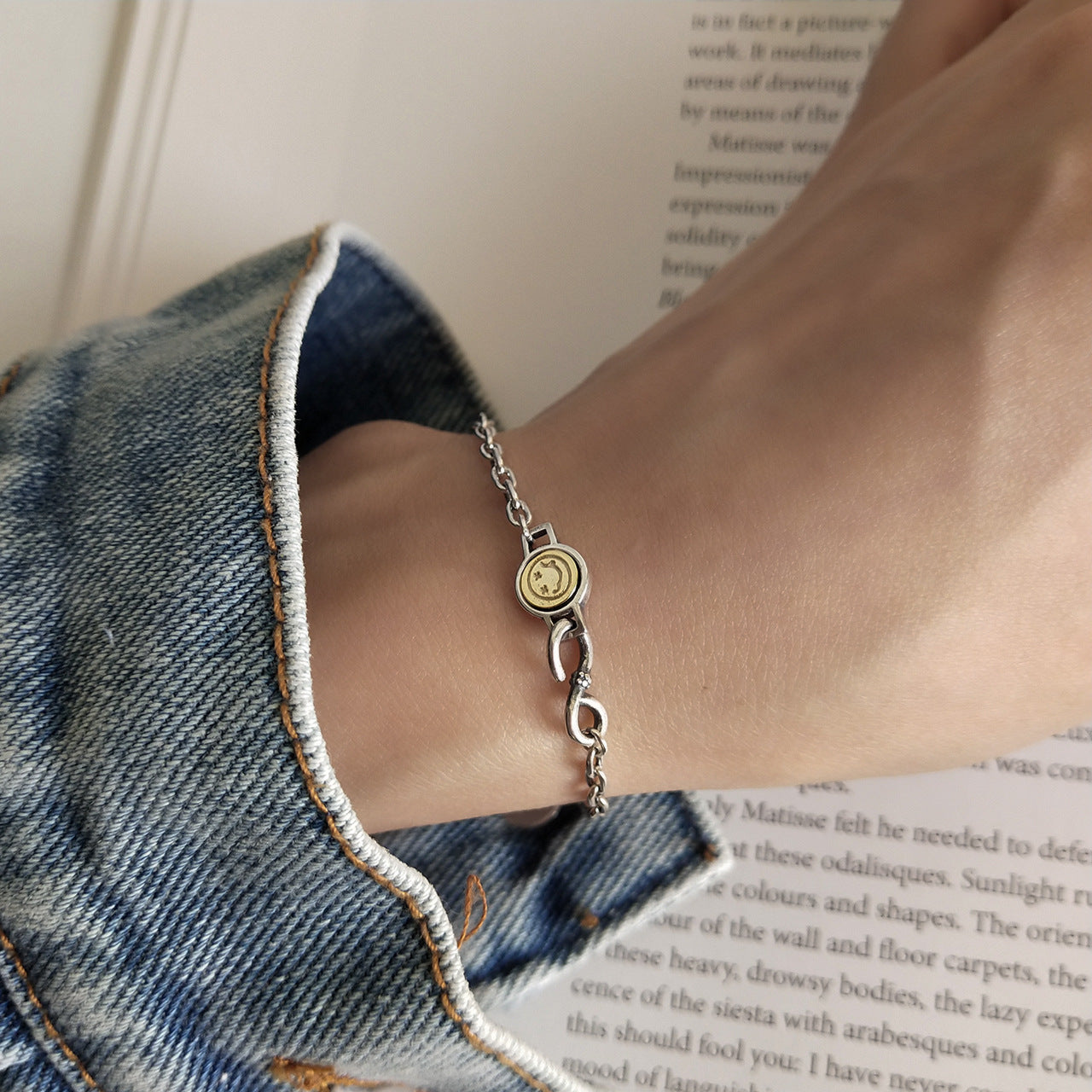 Vintage Sweet 925 Sterling Silver Geometric Smiley Face Beaded Bracelet for Women