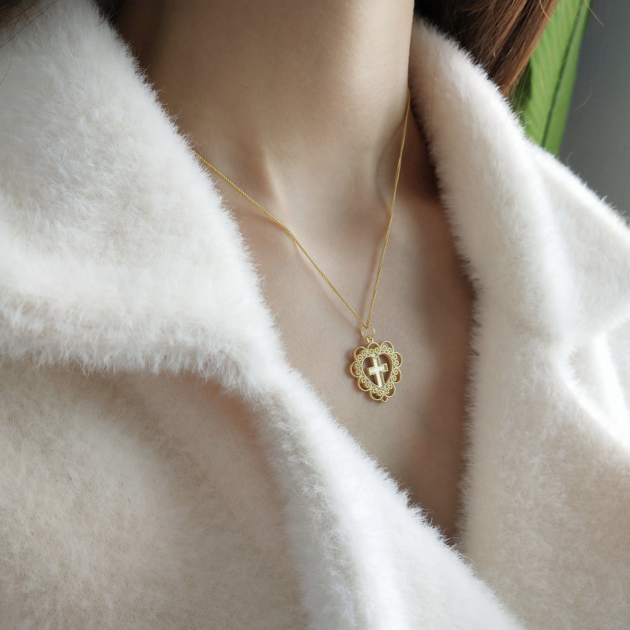 Minimalist 925 Sterling Silver Gold Plated Cross Heart Pendant Necklace Curb Chain