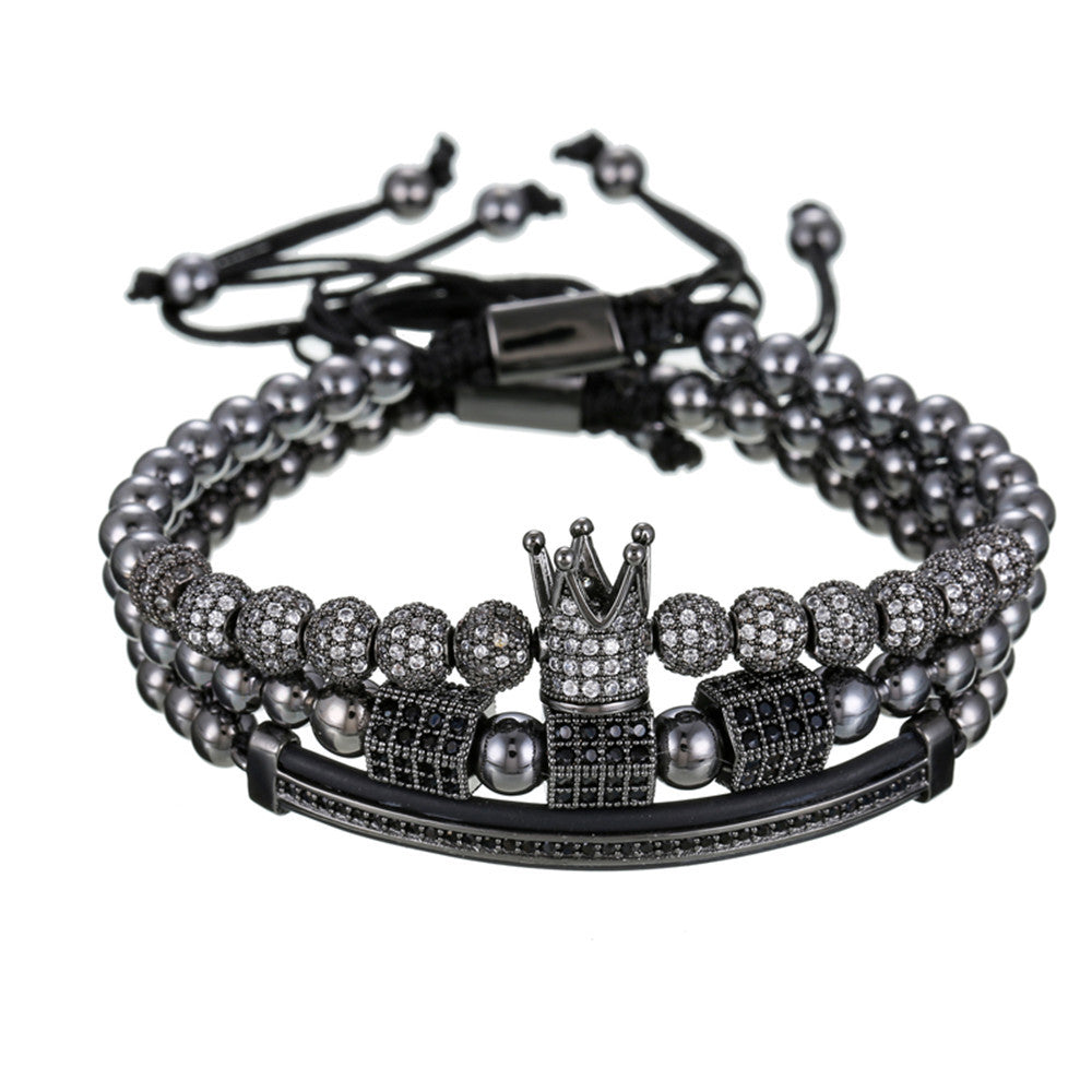 Hip-hop Brass Micro-inlaid Cubic Zirconia Geometric Moon Crown Ball Bracelet Set