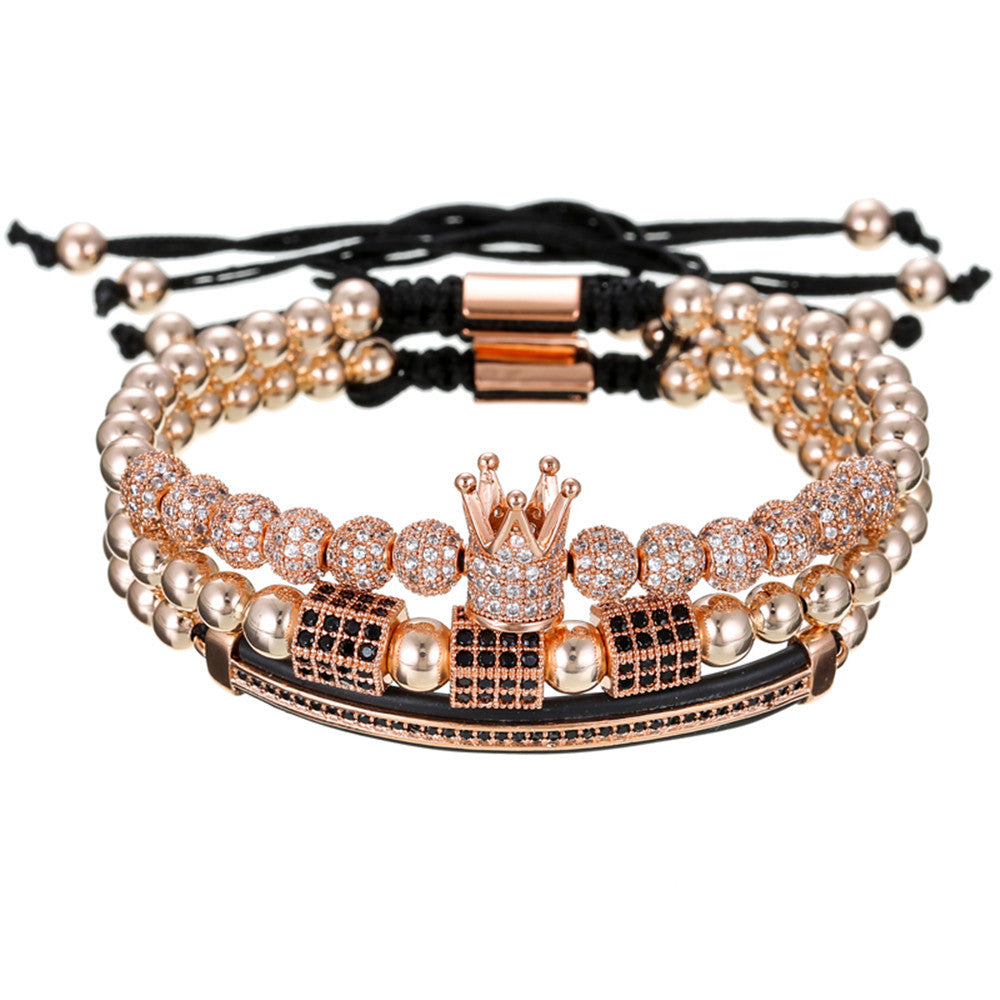 Hip-hop Brass Micro-inlaid Cubic Zirconia Geometric Moon Crown Ball Bracelet Set