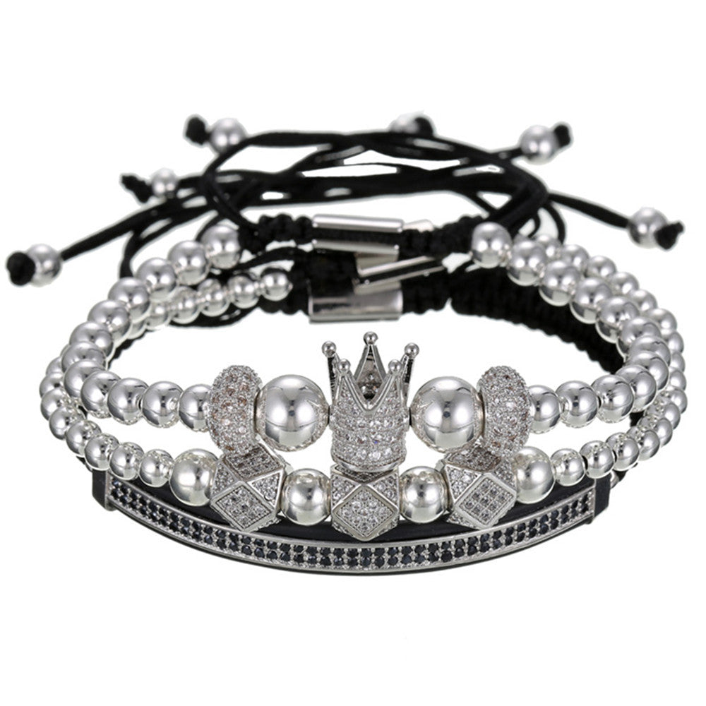 Men's Geometric Brass Bracelet Set with Micro-inlay Cubic Zirconia, Crown and Moon Design