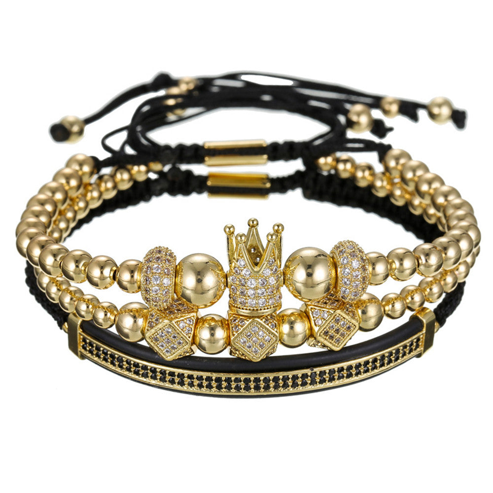 Men's Geometric Brass Bracelet Set with Micro-inlay Cubic Zirconia, Crown and Moon Design