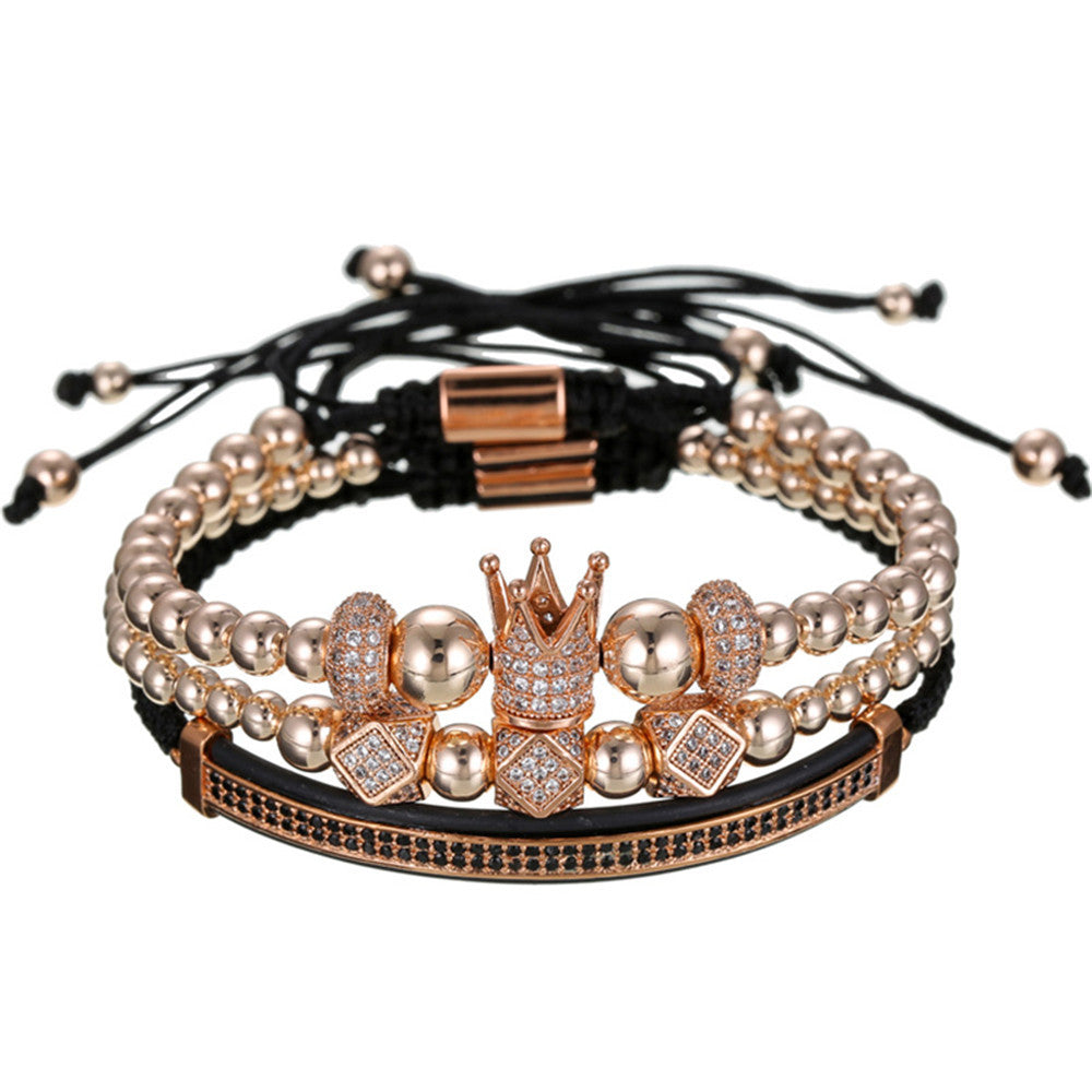 Men's Geometric Brass Bracelet Set with Micro-inlay Cubic Zirconia, Crown and Moon Design