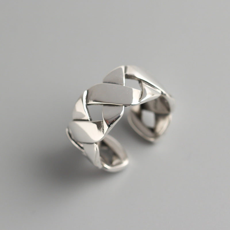 Anello a fascia larga intessuto geometrico lucido in argento sterling S925 unisex