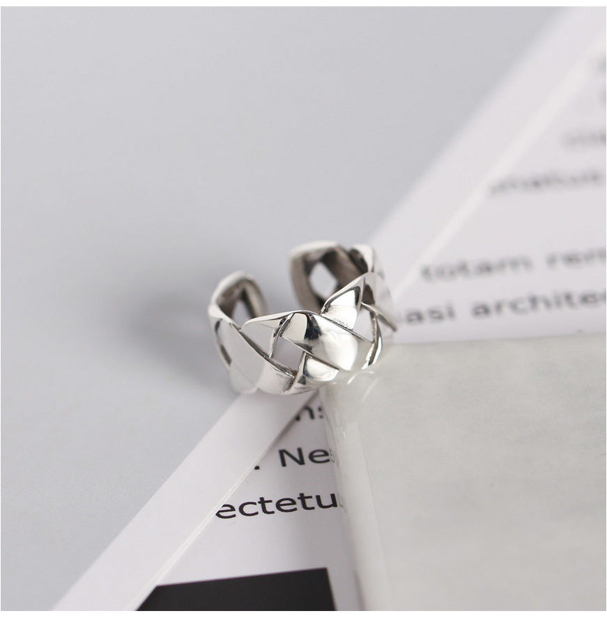 Anello a fascia larga intessuto geometrico lucido in argento sterling S925 unisex