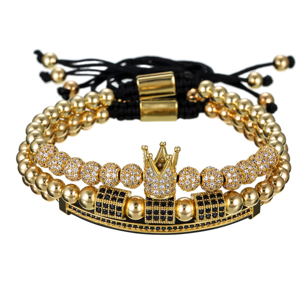 Hip-hop Brass Micro-inlaid Cubic Zirconia Geometric Moon Crown Ball Bracelet Set