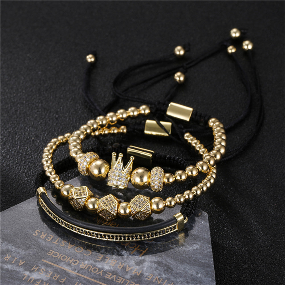 Men's Geometric Brass Bracelet Set with Micro-inlay Cubic Zirconia, Crown and Moon Design