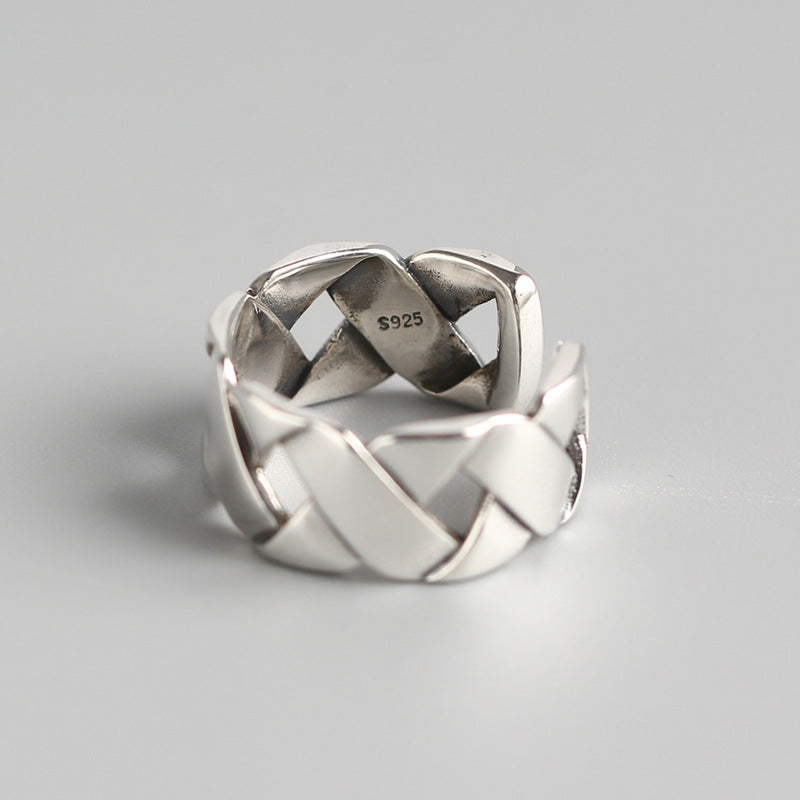 Anello a fascia larga intessuto geometrico lucido in argento sterling S925 unisex