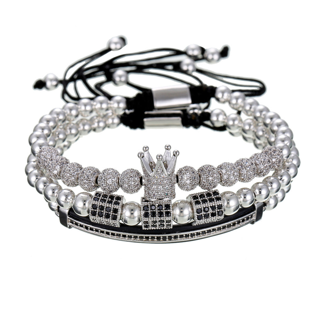 Hip-hop Brass Micro-inlaid Cubic Zirconia Geometric Moon Crown Ball Bracelet Set