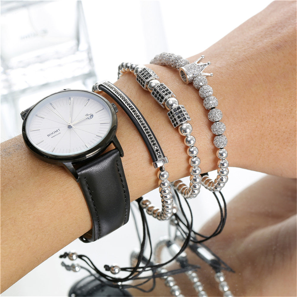 Hip-hop Brass Micro-inlaid Cubic Zirconia Geometric Moon Crown Ball Bracelet Set