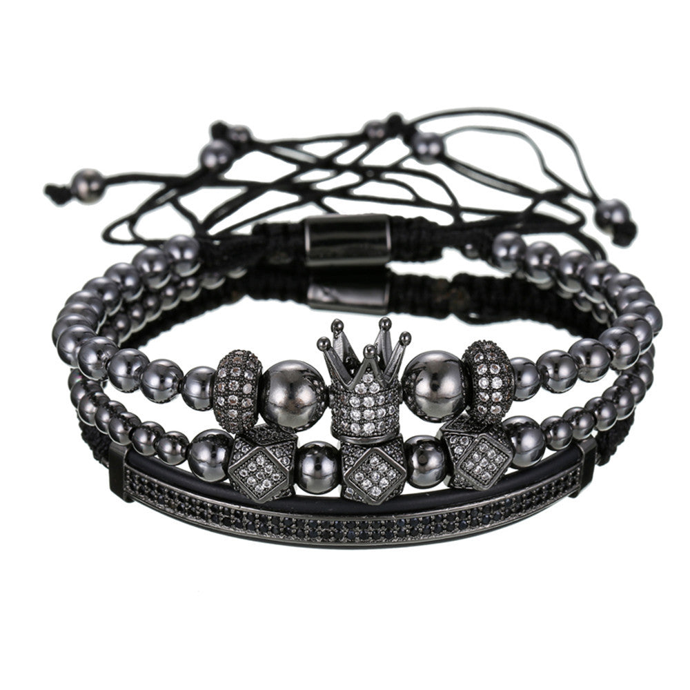 Men's Geometric Brass Bracelet Set with Micro-inlay Cubic Zirconia, Crown and Moon Design