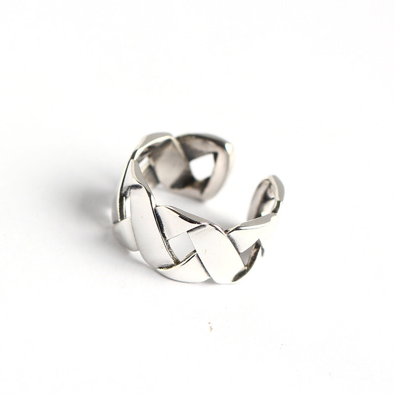 Anello a fascia larga intessuto geometrico lucido in argento sterling S925 unisex