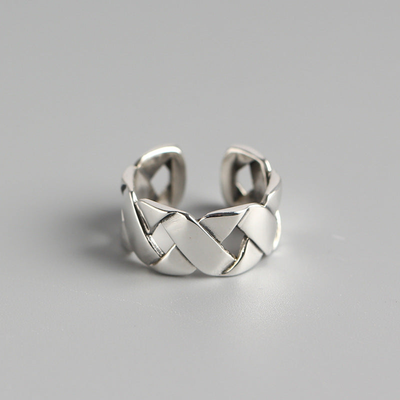 Anello a fascia larga intessuto geometrico lucido in argento sterling S925 unisex