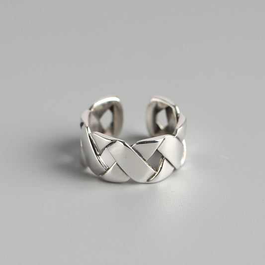 Anillo de banda ancha de plata de ley 925 pulida con diseño geométrico trenzado, unisex